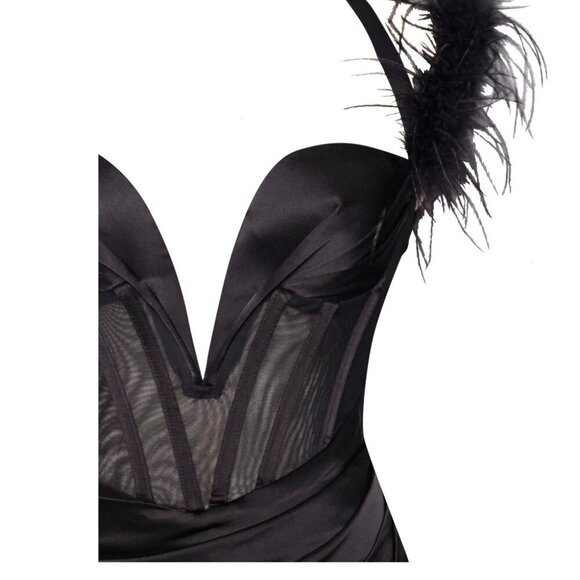 Rina Elegant Black Satin Evening Gown with Feather Shoulder Details High Slit - Picture 5 of 11